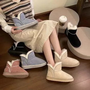 Зимние ботинки женские новые 2024 бархатные на толстой подошве осенние короткие в иностранном стиле водонепроницаемые и скользкие со встроенным мехом теплые хлопковые ботинки 45 hair hotel slippers (careful shot)
