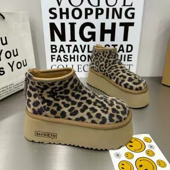 Зимние ботинки женские новые резиновые ботинки на толстой подошве для улицы повышенного комфорта теплые прогулочные хлопковые ботинки модные зимние ботинки 35 цветной печати леопарда