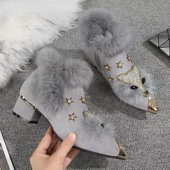 Зимние ботинки женские остроносые ботильоны из металла с узором из кристаллов и лисицы женские мокасины с металлическим острым носком и блестящим мехом Bottes Femme 35 чёрный