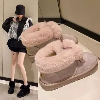 Зимние ботинки женские пушистые шары милый стиль с плюшевым утеплителем одна нога короткие ботинки удобные хлопковые туфли 35 чёрный