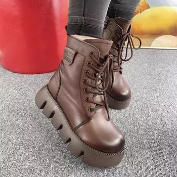 Зимние ботинки женские винтажные с круглым носком теплые плюшевые туфли на платформе со шнуровкой из мягкой кожи нескользящие короткие ботинки с толстой подошвой 35 коричневый