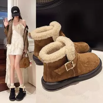 Зимние ботинки женские замшевые хлопковые ботинки теплые женские туфли на плоской подошве новые зимние модные ботильоны с пряжкой из плюша для ходьбы Chaussure Femme 35 чёрный