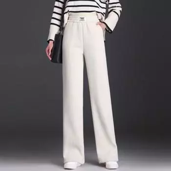 Зимние брюки эластичные с высокой талией прямые широкие длинные брюки с карманами M бежевый