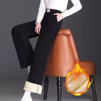 Зимние брюки, эластичные, с высокой талией, прямые, широкие, длинные брюки с карманами, однотонные, с утолщенной плюшевой подкладкой, женские брюки M чёрный