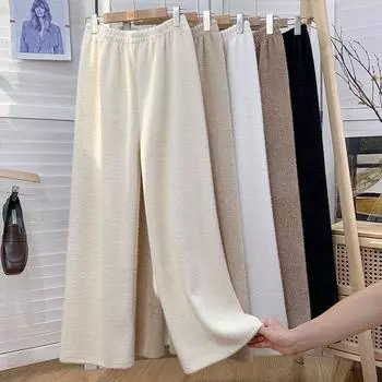 Зимние брюки большого размера из искусственной норки, теплые женские брюки с широкими штанинами, корейская мода, толстые бархатные прямые спортивные брюки S чёрный