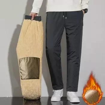 Зимние брюки для мужчин среднего возраста, утолщенный флис, эластичный пояс на шнурке, большие размеры, сохраняющие тепло, карманы на молнии, однотонные, теплые, для спорта, путешествий, работы L чёрный
