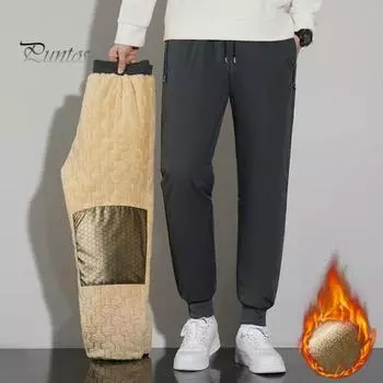 Зимние брюки для мужчин среднего возраста, утолщенный флис, эластичный пояс на шнурке, большие размеры, сохраняющие тепло, карманы на молнии, однотонные, теплые, для спорта, путешествий, работы L чёрный