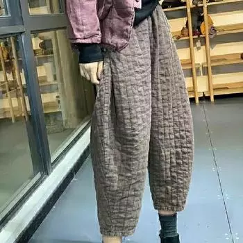 Зимние брюки в стиле ретро в национальном стиле с эластичной резинкой на талии и пряжкой в полоску, свободные повседневные стеганые брюки с потертостями S кофейный