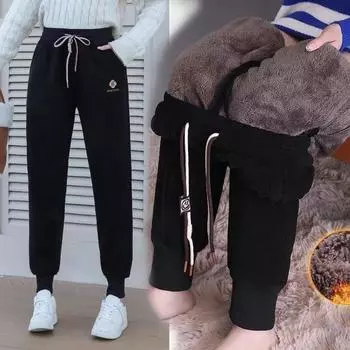 Зимние брюки в тонкую полоску для женщин с толстым кашемировым поясом для женщин со спортивными брюками 2XL чёрный