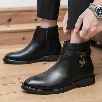 Зимние черные кожаные ботинки на молнии, мужские ботинки «Челси», толстая подошва, дизайнерские трендовые ботинки, модные ботинки, формальная кожаная обувь с высоким верхом 38 чёрный