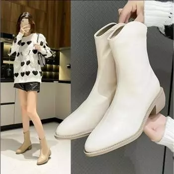 Зимние черные кожаные ботинки с застежкой-молнией сзади, женские туфли с острым носком, белые туфли на толстом каблуке, коричневые туфли Zapatillas De Mujer 35 чёрный