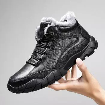 Зимние черные мужские ботинки с мехом 2024 теплые кожаные зимние ботинки мужские зимние рабочие повседневные туфли кроссовки высокие резиновые ботильоны 37 чёрный