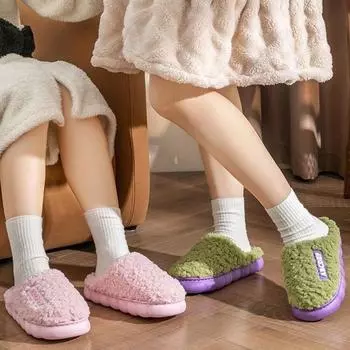 Зимние цветные теплые нескользящие домашние повседневные плюшевые тапочки с плоской подошвой для женщин 38-39 белый