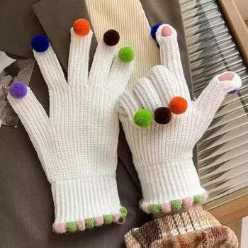 Зимние цветные вязаные перчатки для женщин Перчатки для сенсорных экранов Теплые вязаные перчатки с помпоном для улицы и дома с мягкой эластичной подкладкой для женщин One Size