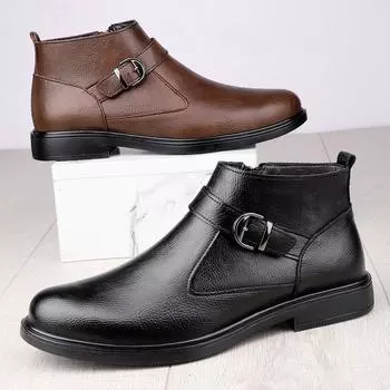 Зимние деловые кожаные ботинки, теплые плюшевые мужские ботинки «Челси», формальные высокие кожаные туфли, британские высококачественные модные ботильоны 38 чёрный