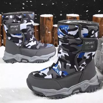 Зимние детские большие размеры противоскользящие износостойкие модные и мягкие теплые уличные высокие хлопковые ботинки зимние ботинки 26-38 26 серый/камуфляжный
