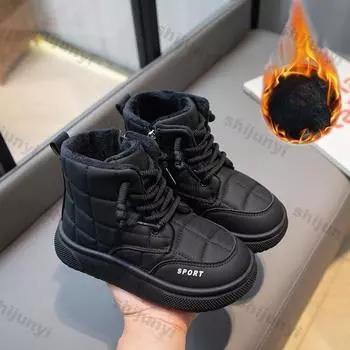Зимние детские ботинки 2025 года, мягкие зимние ботинки, теплые хлопковые ботинки, высокие, со шнуровкой и боковой молнией, нескользящие уличные ботинки для девочек 27 чёрный