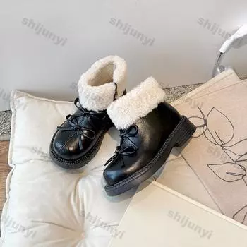 Зимние детские ботинки 2025 года, новые хлопковые ботинки для девочек, плюшевые корейские бабочки, банты, водонепроницаемые, противоскользящие, удобные детские зимние ботинки 26-inner-16CM чёрный