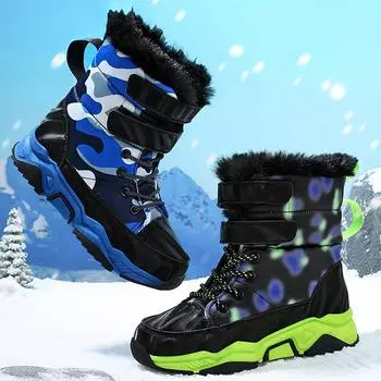 Зимние детские ботинки большого размера на липучке, нескользящие, износостойкие и мягкие, теплые, для улицы, высокие хлопковые ботинки для снега 30 чёрный/зелёный