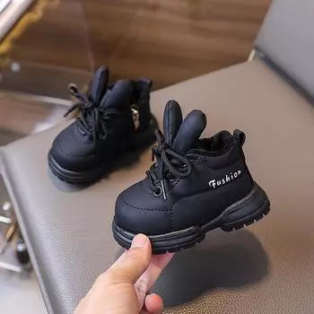 Зимние детские ботинки для девочек, однотонные, милые, для мальчиков, круглые, универсальные, повседневные, детские, модные, ботильоны из хлопка, новые, популярные 15 чёрный