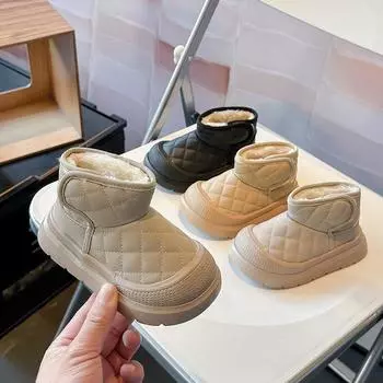 Зимние детские ботинки для мальчиков 2024 года, новые зимние ботинки для детей, модные повседневные универсальные утолщенные плюшевые ботинки для девочек из хлопка для отдыха на открытом воздухе 21 чёрный