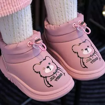 Зимние детские ботинки для снега, толстые меховые детские ботинки с эластичной резинкой, детские ботинки для мальчиков и девочек с принтом медведя, водонепроницаемые, плоские, нескользящие, теплые, из хлопка 20 розовый