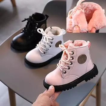 Зимние детские ботинки, кожаные ботинки martin для мальчиков и девочек, плюшевые модные непромокаемые нескользящие теплые детские ботинки, обувь 21 розовый