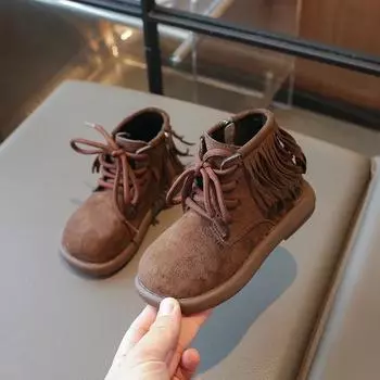 Зимние детские ботинки, модные ботильоны для девочек с кисточками, милые универсальные повседневные хлопковые ботинки для детей, нескользящая толстая подошва 23 коричневый
