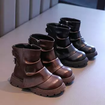 Зимние детские ботинки, плюшевые универсальные ботинки для девочек из хлопка, матовая кожа, модные детские повседневные ботинки на платформе с лоскутным узором, простые 26 коричневый