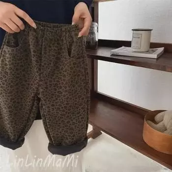 Зимние детские брюки из бархата с леопардовым принтом 2024 года — повседневные прямые брюки унисекс для мальчиков и девочек Size 100