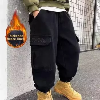 Зимние детские брюки-карго с флисовой подкладкой, повседневные брюки для мальчиков, высококачественная детская одежда, модные 170 чёрный