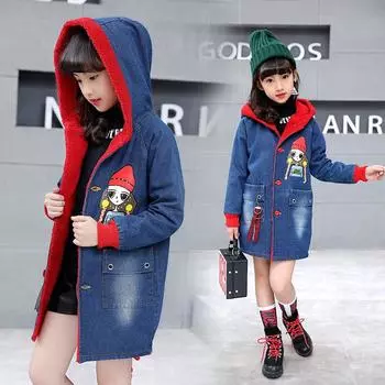 Зимние детские джинсовые куртки, длинная теплая одежда, детская толстая бархатная куртка, хлопковая верхняя одежда с капюшоном 120 синий