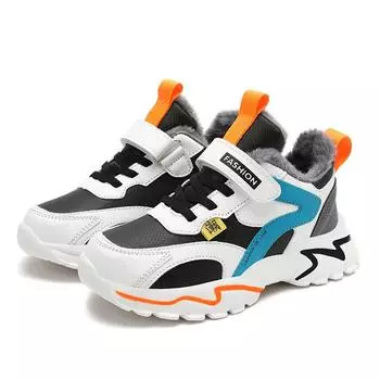 Зимние детские хлопковые кроссовки для мальчиков, повседневная спортивная обувь для детей, студентов, для ходьбы, бега, походов, баскетбола, тенниса, кроссовки, сохраняющие тепло 28 чёрный/оранжевый