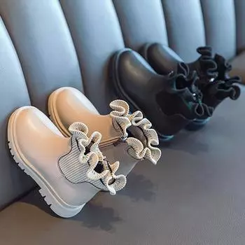 Зимние детские хлопковые сапоги, обувь для девочек с бантом, мягкая подошва, искусственная кожа, детские дизайнерские сапоги с боковой молнией 26 чёрный