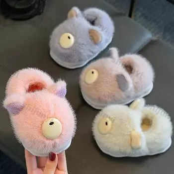 Зимние детские хлопковые тапочки с милым рисунком для дома, теплые детские нескользящие тапочки на платформе для малышей 20-21-Inner-13cm серый