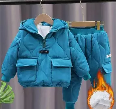 Зимние детские комплекты одежды для мальчиков и девочек, теплые хлопковые бархатные пуловеры с капюшоном, пальто, верхняя одежда + брюки, 2 шт., зимние комбинезоны 160cm чёрный