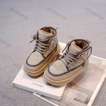 Зимние детские короткие ботинки, мягкие, теплые, удобные, на шнуровке, повседневные ботинки, новые, нескользящие, для мальчиков и девочек, для активного отдыха 27inner17cm чёрный