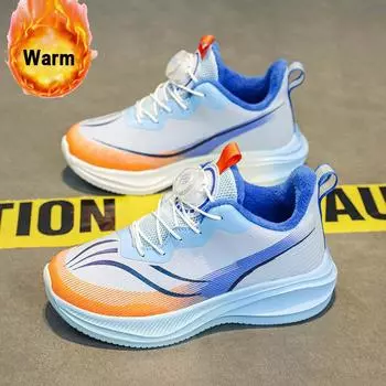 Зимние детские кроссовки, модные кроссовки с вращающимися кнопками, высококачественная плюшевая повседневная детская обувь 31 оранжевый/чёрный