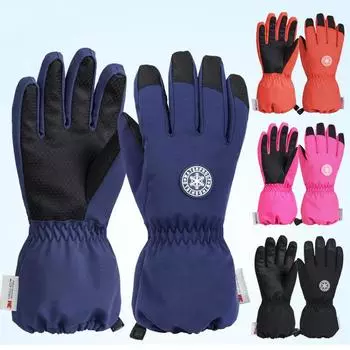 Зимние детские лыжные перчатки Утолщенные детские лыжные перчатки с пятью пальцами Ветрозащитные детские лыжные перчатки с пальцами 11-14 чёрный