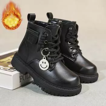 Зимние детские модные флисовые теплые высокие хлопковые сапоги больших размеров, сапоги средней длины, модные сапоги 27-38 27 чёрный