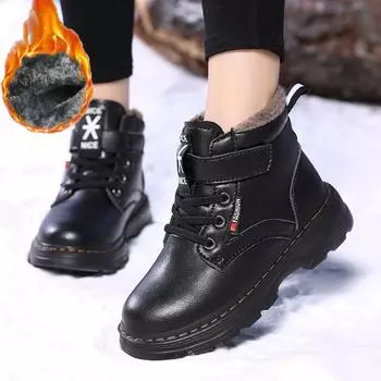 Зимние детские модные высокие ботинки больших размеров с плюшем и теплым хлопком, зимние ботинки, ботинки из хлопка 28-39 28 чёрный