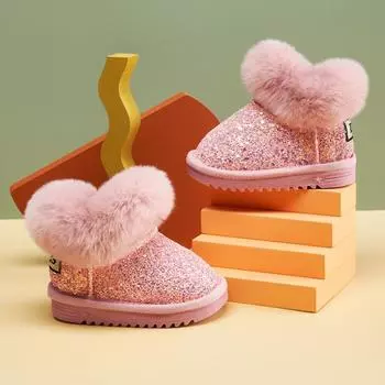 Зимние детские модные зимние ботинки, толстые детские теплые плюшевые ботинки из натуральной кожи с мягкой подошвой для маленьких девочек, зимние лыжные ботинки для малышей 19 чёрный