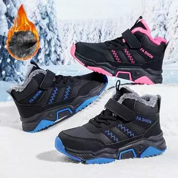 Зимние детские нескользящие износостойкие модные бархатные теплые уличные высокие хлопковые ботинки зимние ботинки спортивная и досуговая обувь 31 розовый/чёрный