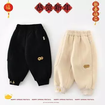 Зимние детские новогодние сложенные и утолщенные штаны, детские медные монеты становятся богатыми новогодними штанами 80cm хаки