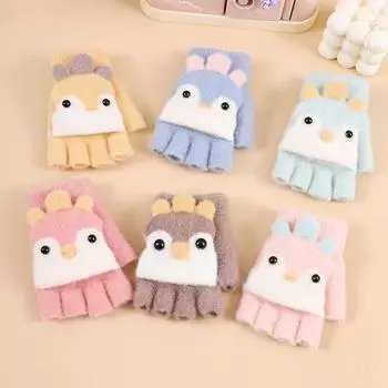 Зимние детские перчатки Crystal Mink Cartoon Student Half Finger Flip Теплые детские перчатки для детей 4-10 лет S