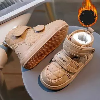 Зимние детские плюшевые ботинки для мальчиков и девочек, кожаные плюшевые теплые зимние ботинки, мягкая подошва на шнурке, детская хлопковая обувь 37 чёрный