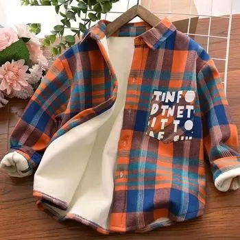 Зимние детские рубашки, теплые рубашки для мальчиков, детские клетчатые топы, одежда с длинными рукавами, флисовая утепленная рубашка для мальчиков 160 оранжево-красный