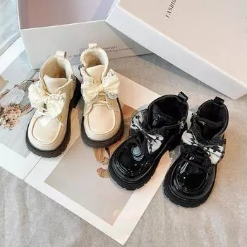 Зимние детские сапоги из глянцевого ПУ, милые модные сапоги для девочек, элегантные детские универсальные сапоги с бантом, хлопковые сапоги с толстой подошвой 23 чёрный