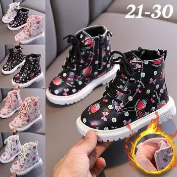 Зимние детские сапоги из искусственной кожи на молнии, хлопковые уличные ботинки с внутренней подкладкой, ботинки на мягкой подошве, детская непромокаемая детская обувь клубничного цвета 21 чёрный