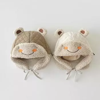 Зимние детские шапки, супер милая шапка с изображением лягушки Лэй Фэн, мультяшные защитные шапки для мальчиков, теплая бархатная шапка для девочек, модный предмет для младенцев 42-48CM бежевый